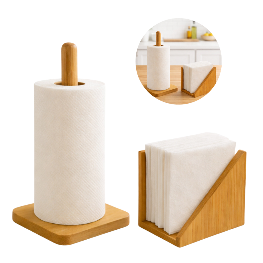 Kit Bambu Porta Guardanapo + Suporte de Papel Toalha Grande para Mesa Bancada Cozinha ENVIO IMEDIATO