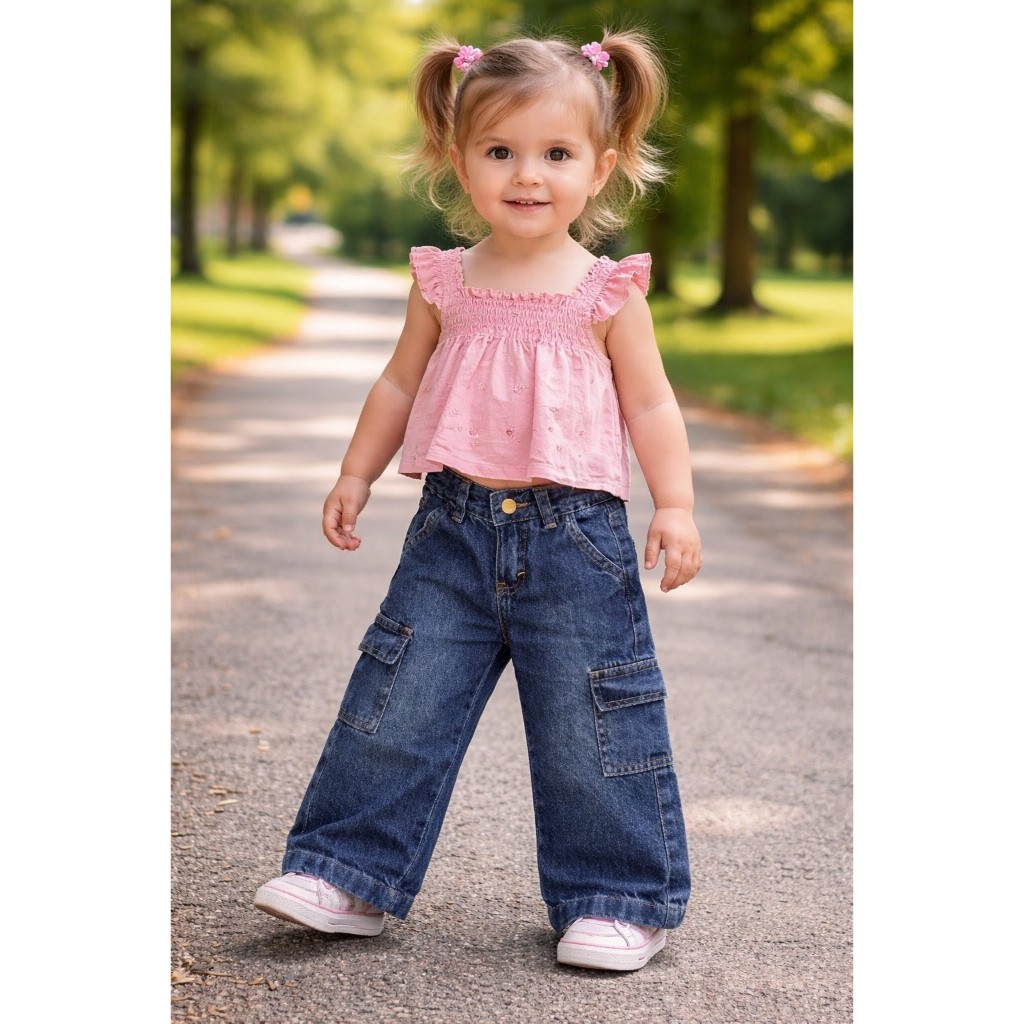 CALÇA LORDAN JEANS PREMIUM INFANTIL DE BEBÊ MENINA WIDE CARGO 01 AO 03 COM MUITO ESTILO