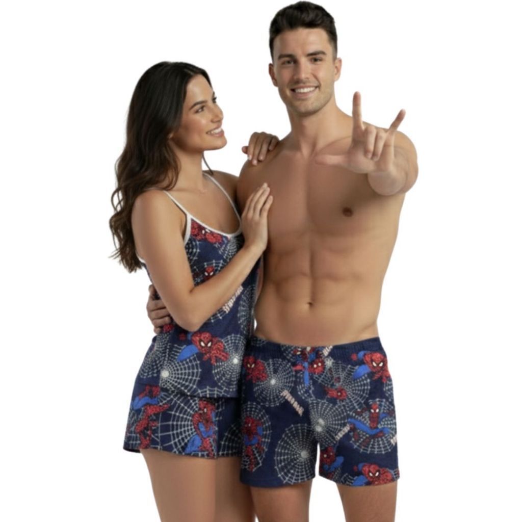 Kit Pijama Casal Feminino Samba Canção Namorados Estampa Personagens Full