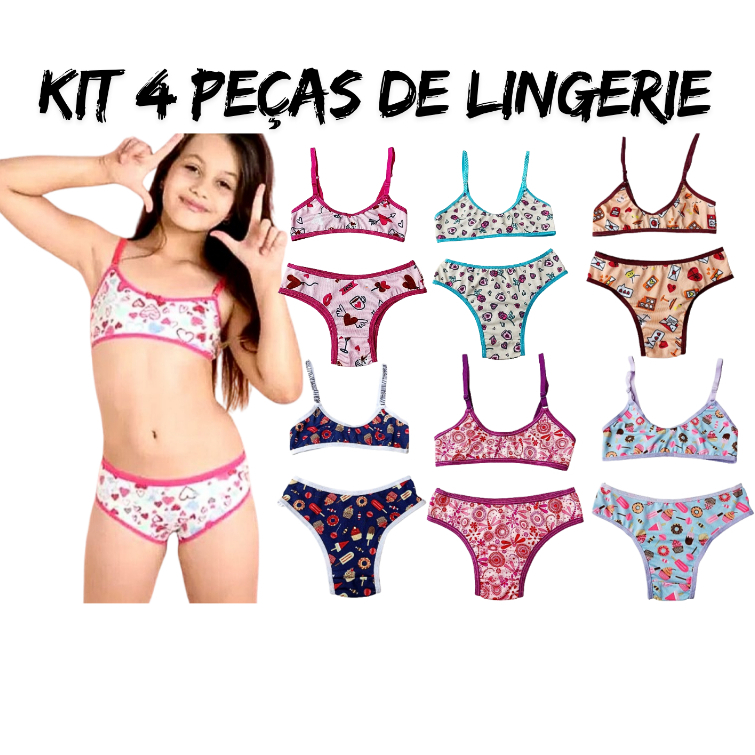 Kit 4 Peças de Lingerie Menina Moça Infantil/Calcinha e Sutiã Top /Roupa Intima - 2 Calcinha e 2 Top - ENVIO IMEDIATO