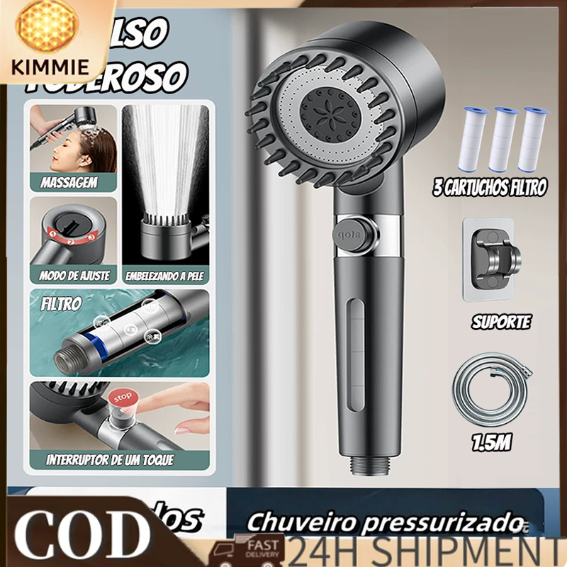 Chuveiro de Mão 3 Funções com Aumento de Pressão, Mangueira de Aço Inoxidável e Suporte.