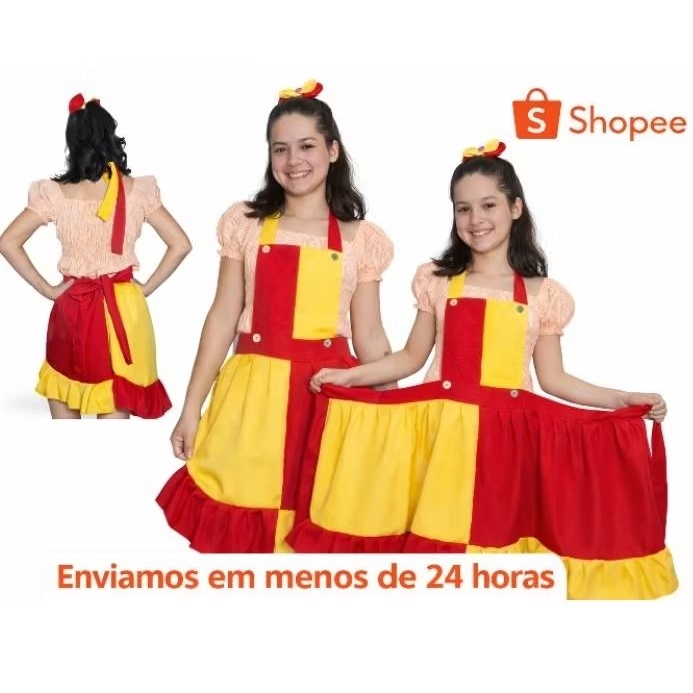 FANTASIA EMILIA adulto e infantil,  jardineira avental da Emília incluso laço para cabeça.