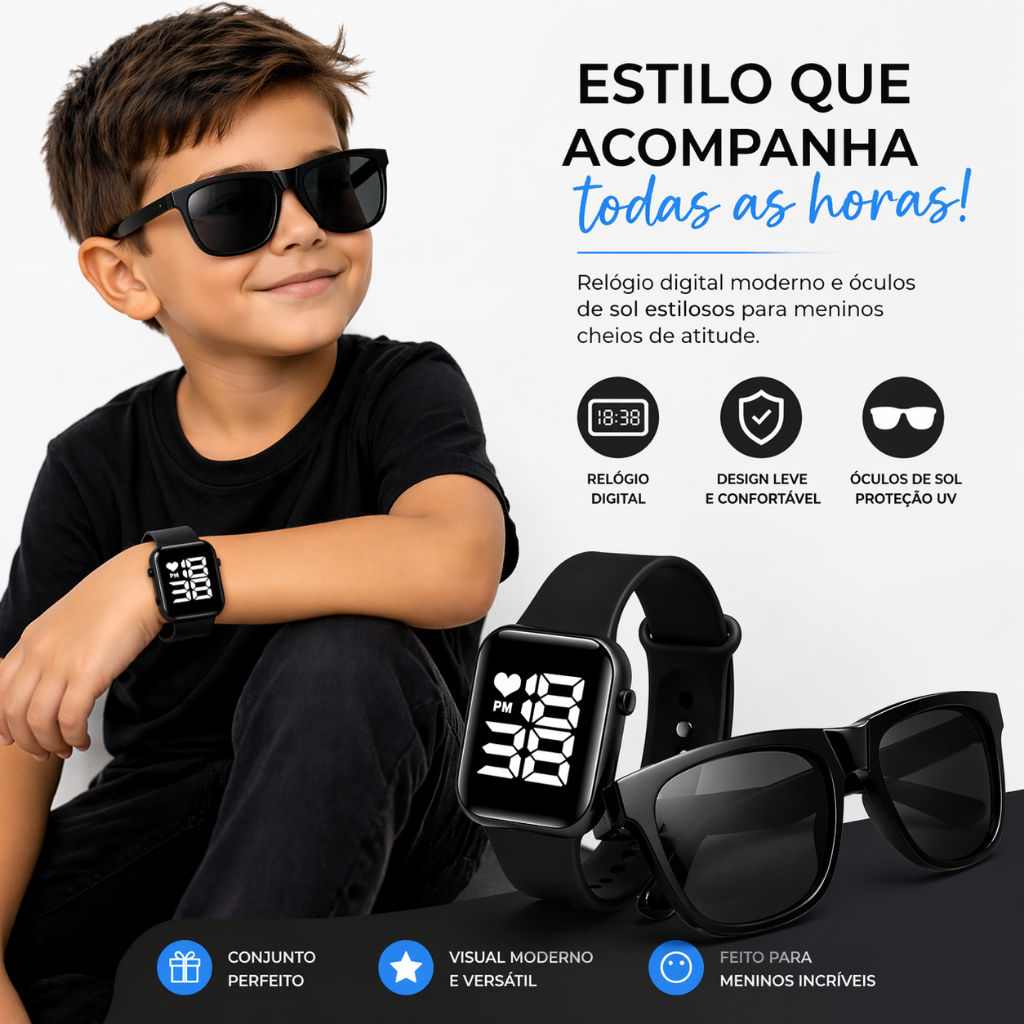 Relógio Infantil Criança Óculos Preto