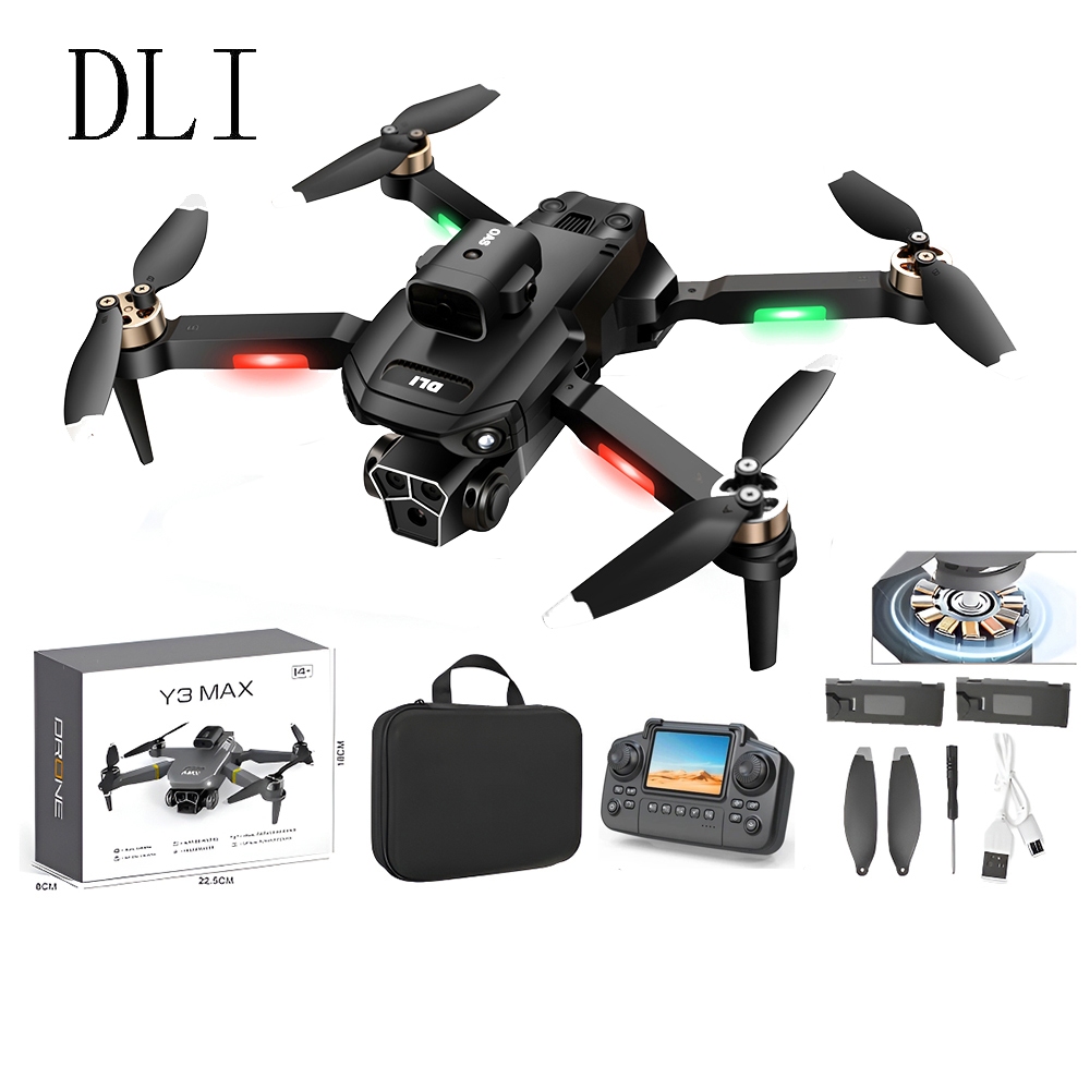DLI Mini Drone Y3 Max com Tela Câmera Dupla Motor Brushless Evita Obstáculos 2 Baterias