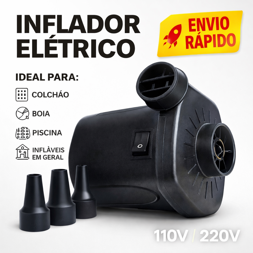 Inflador Elétrico Potente com 3 Bicos – 110V/220V Ideal para Colchão, Piscina e Infláveis em geral