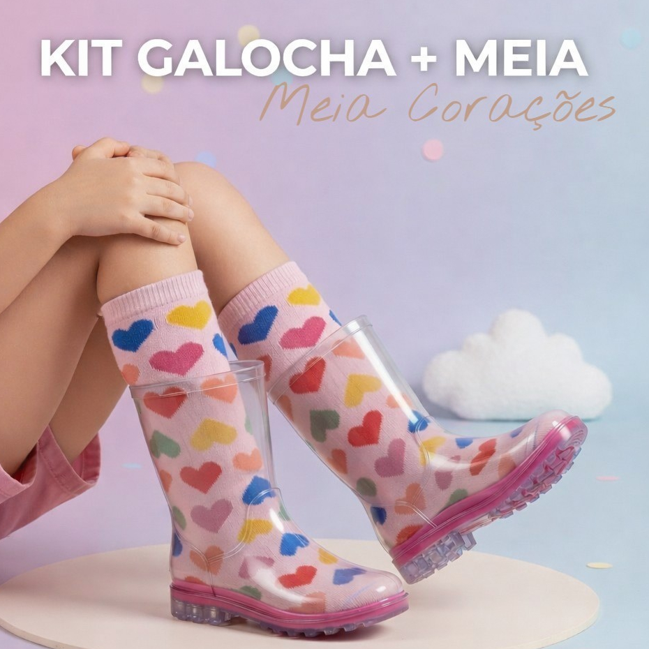 Kit Galocha Transparente Infantil Meninas + Meia Infantil Coloridas Divertidas