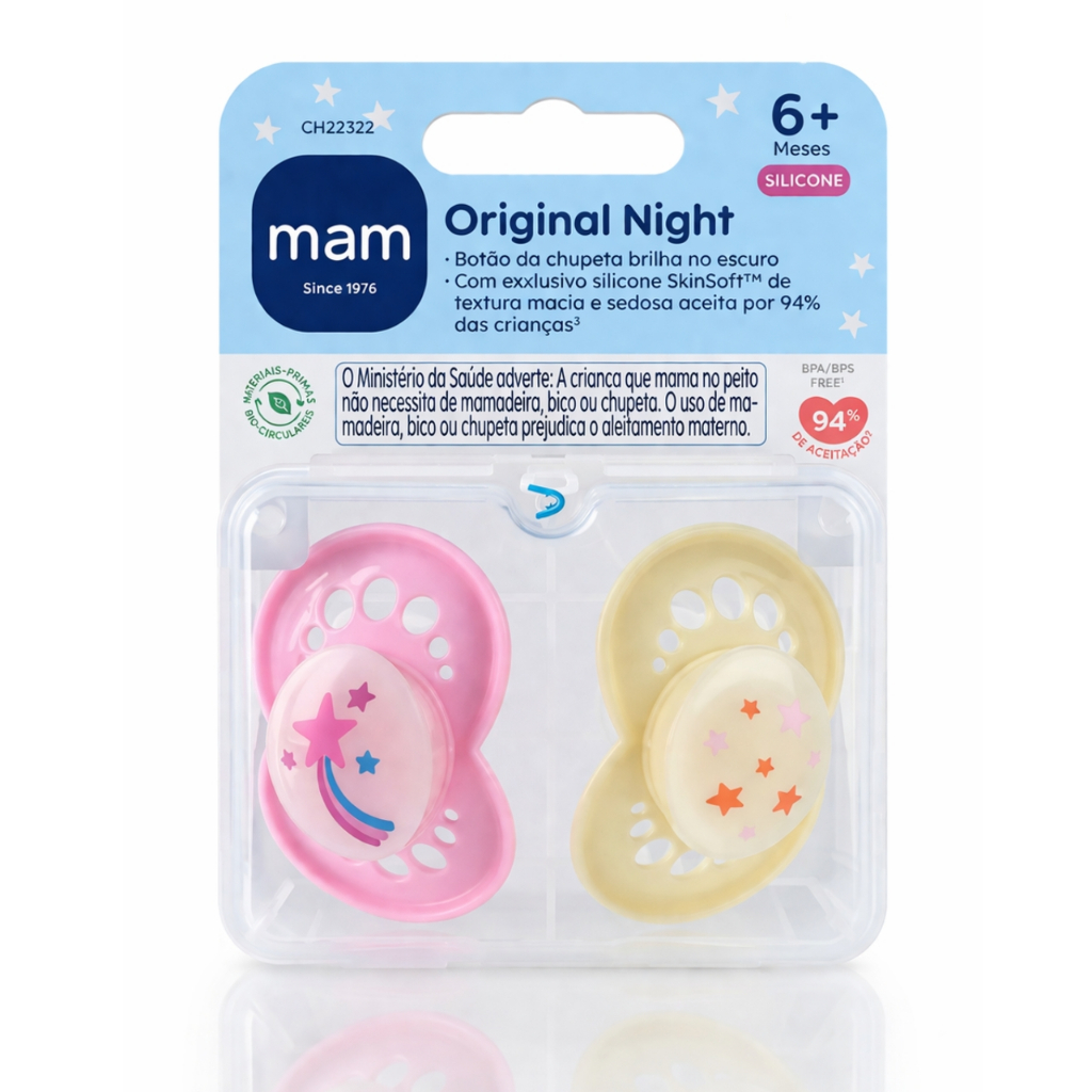 Chupeta MAM 6+m Silicone Night Brilha Escuro com 2un - Rosa