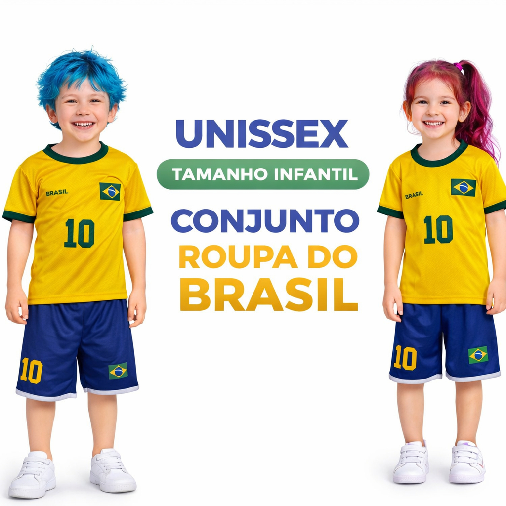 Conjunto Infantil Masculino e Feminino Brasil Amarelo e Azul Camiseta + Shorts