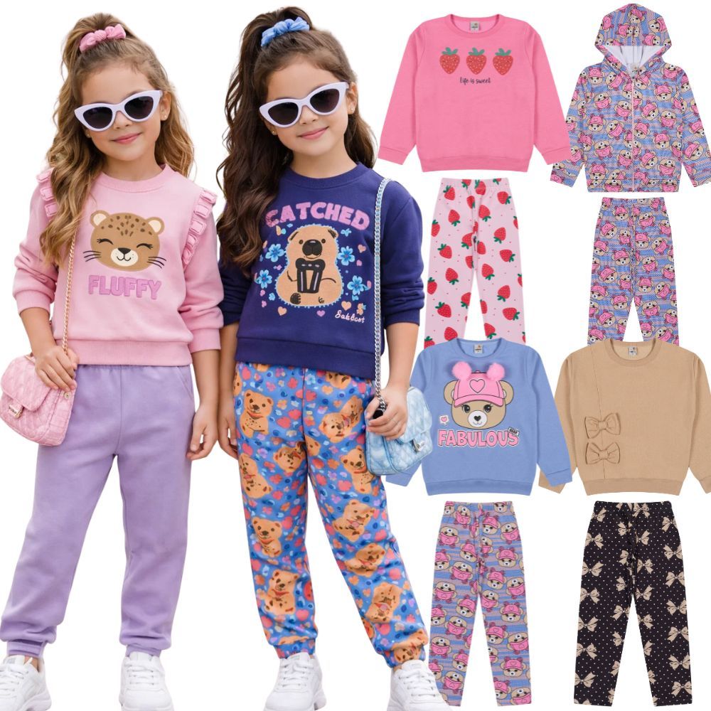 Conjunto Moletom Infantil Menina | Kit Casaco + Calça/Legging | Tamanho 02 ao 12 anos  SORTIDOS