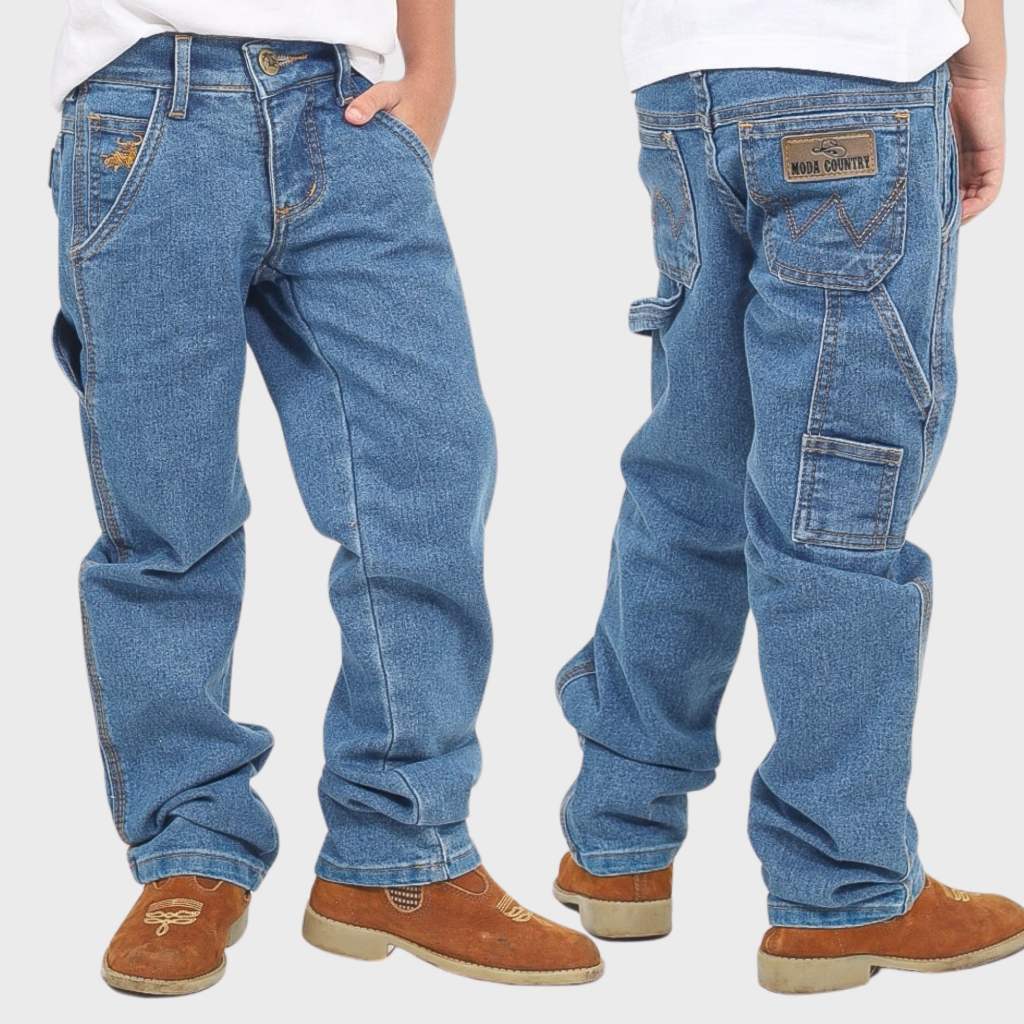 Calça Jeans Infantil Masculina Carpinteira Country Confortável Menino Premium Cowboy Boiadeira