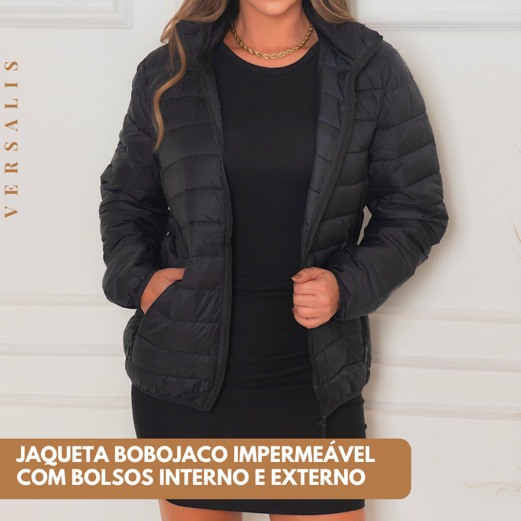 Jaqueta Preta Feminina Bobojaco Gominho Com Touca Puffer Básico Preto Impermeável Acolchoado Bolso Dentro e Fora Inverno