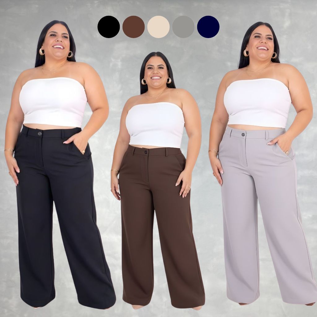 Calça Pantalona Plus Size Alfaiataria Premium Com Bolso – Cintura Alta Feminina Social - Wide Leg Elegante do GG ao G3