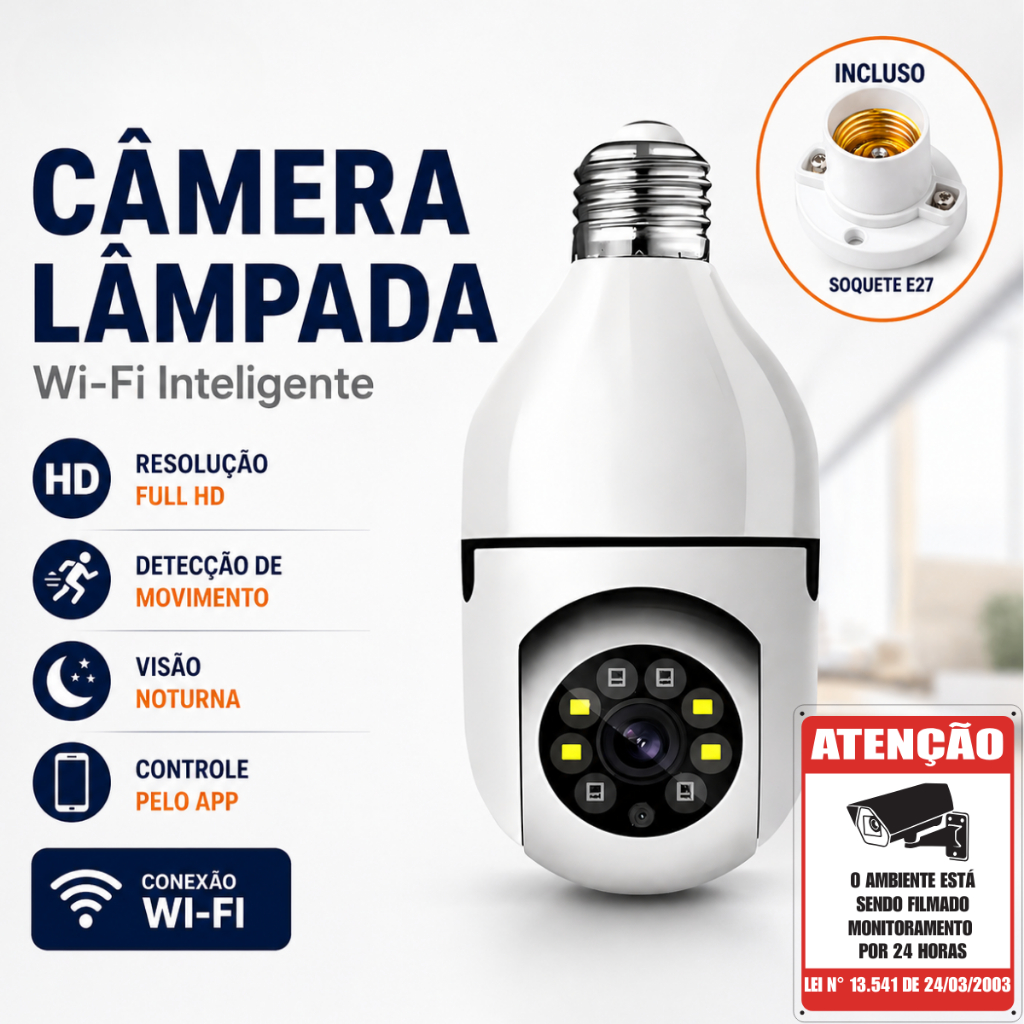 Câmera Wifi Lâmpada 355° Giratória 1080P Detecção de Movimento Visão Noturna Infravermelho