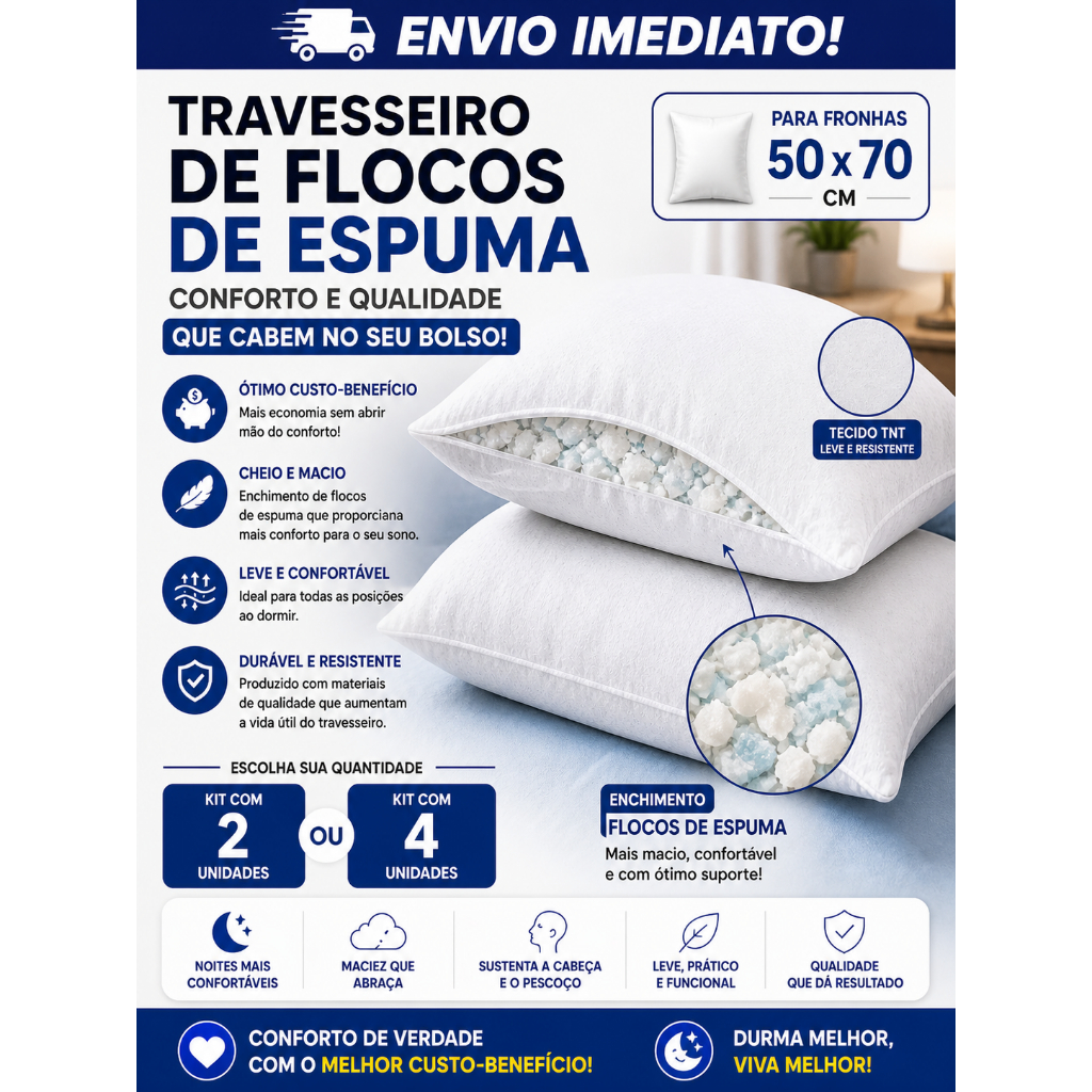 Kit Travesseiro Fibra flocos de espuma Promoção Macio - Confortável - Grande