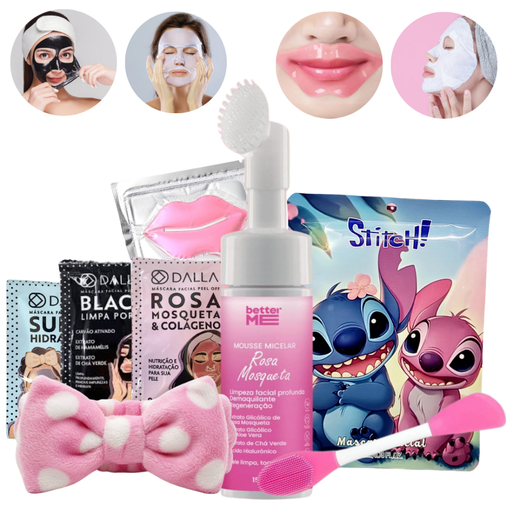 Kit Skincare Limpeza de Pele Facial - Mousse Rosa Mosqueta - 3 Mascara PeelOff - Mascara Labial - Stitch - Faixa Espátul