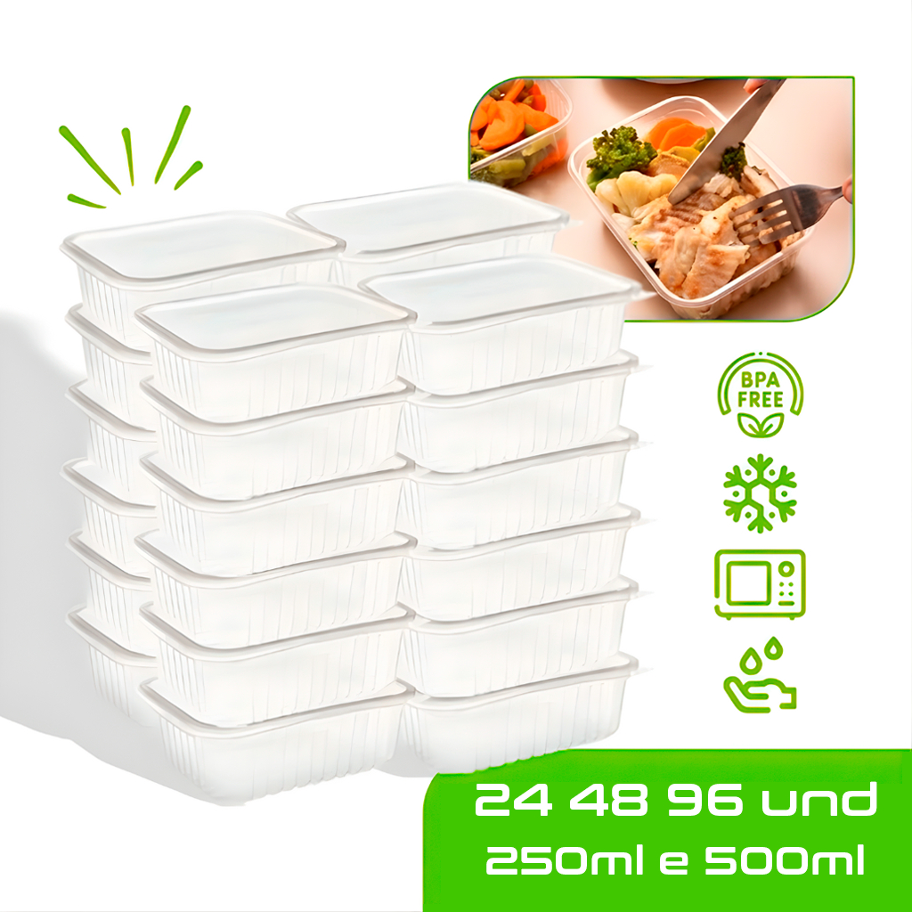 Marmitas Fit Pote Descartável Retangular Plástico Freezer Microondas com Tampas