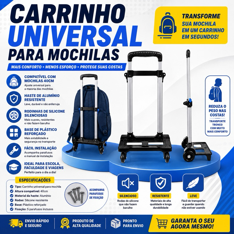 🛒 Carrinho Universal para Mochila com Rodinhas de Silicone | Haste de Alumínio Resistente
