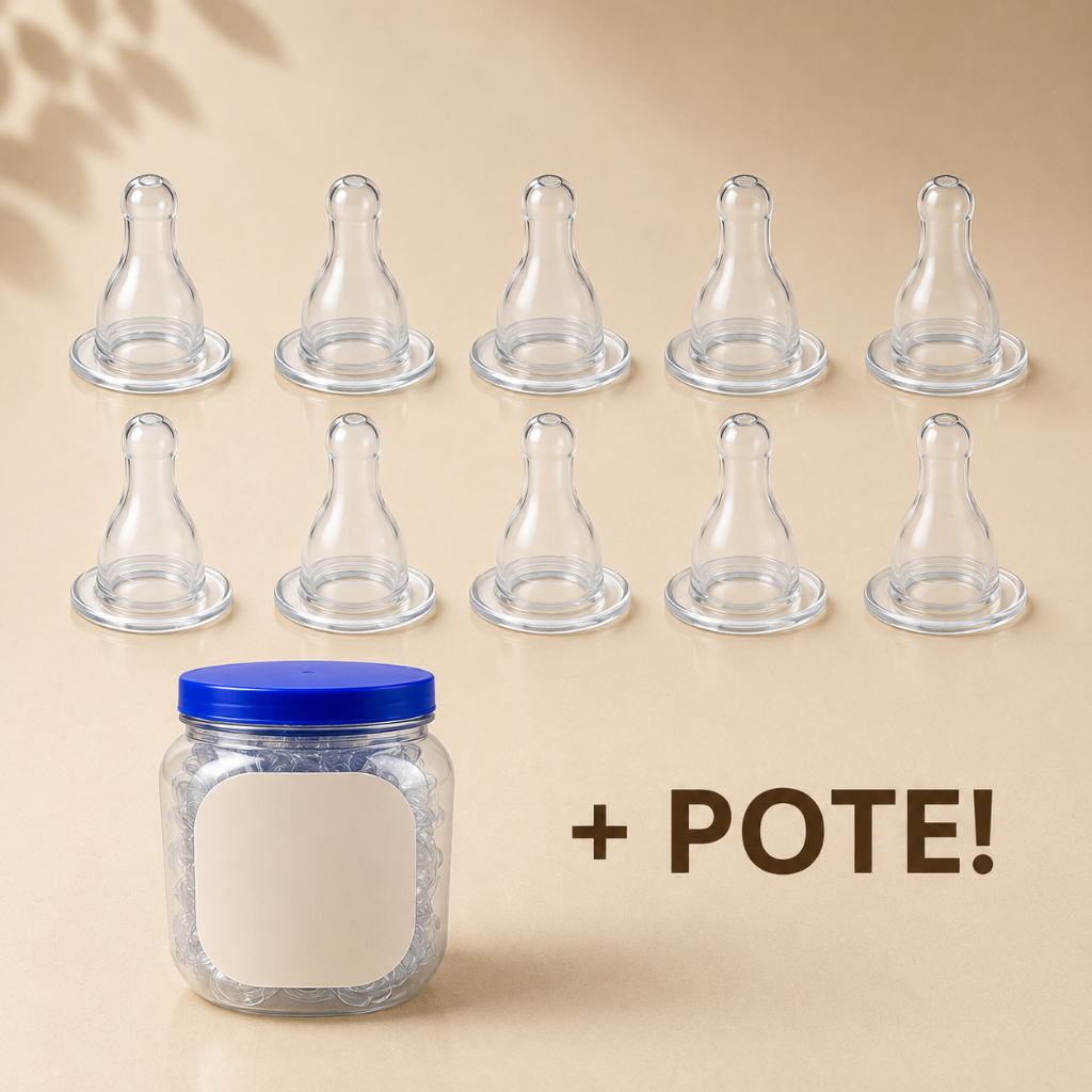Kit com 10 unidades de Bico Mamadeira Universal 100% Silicone Redondo + Pote