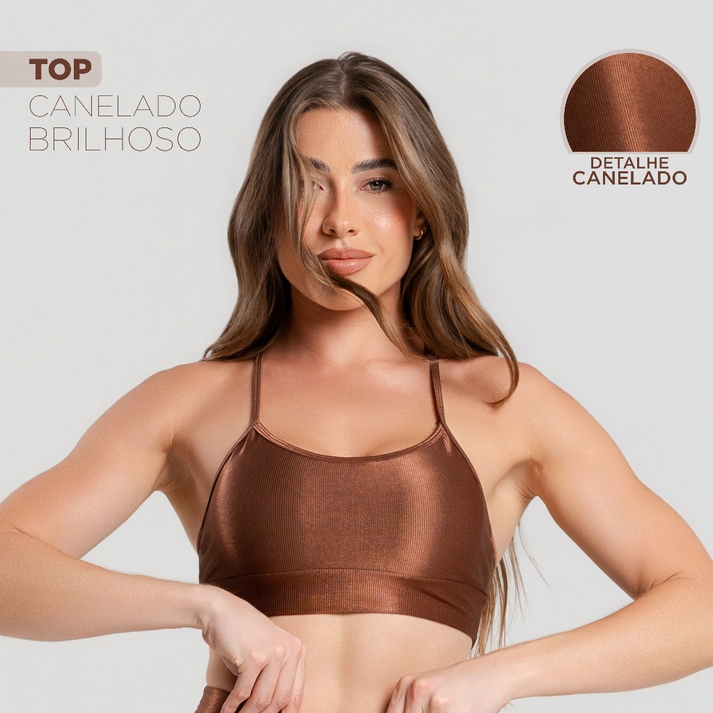 Top Fitness Feminino Alcinha – Trilobal Canelado Brilhoso Confortável Academia