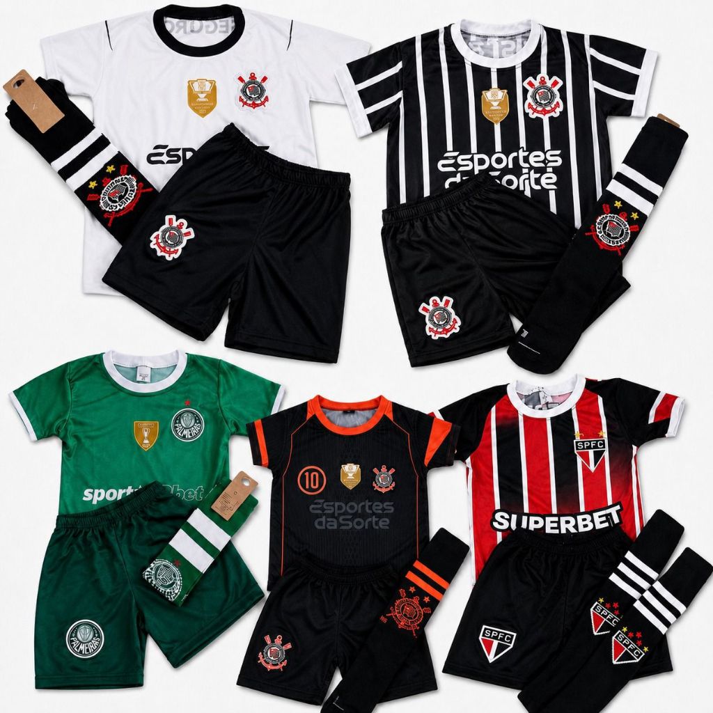 conjunto infantil esportivo camiseta + shorts + meiao futebol casual respiravel diversas cores nacional