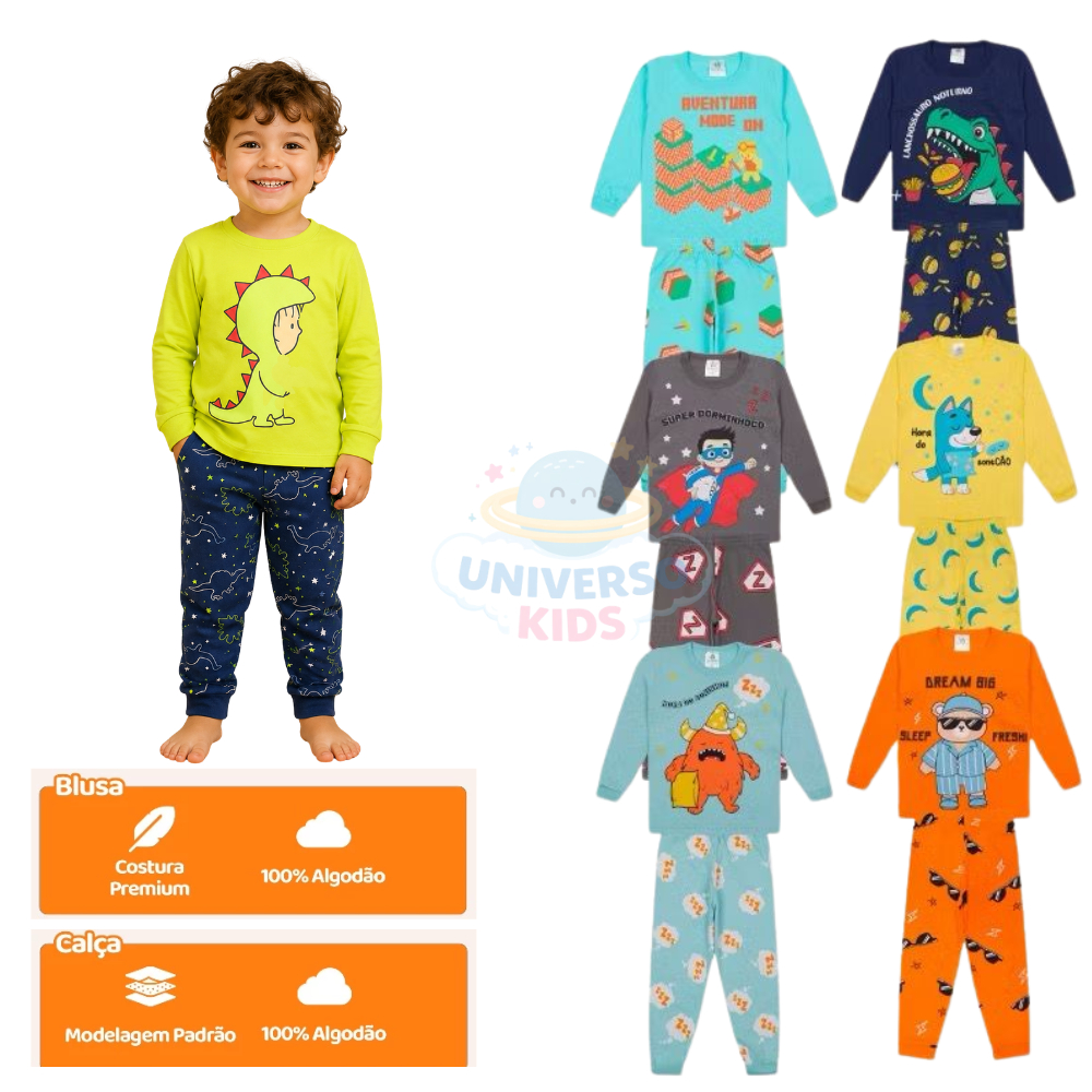 Kit Sortido 2 Peças Pijama Infantil Menino Inverno Manga Comprida