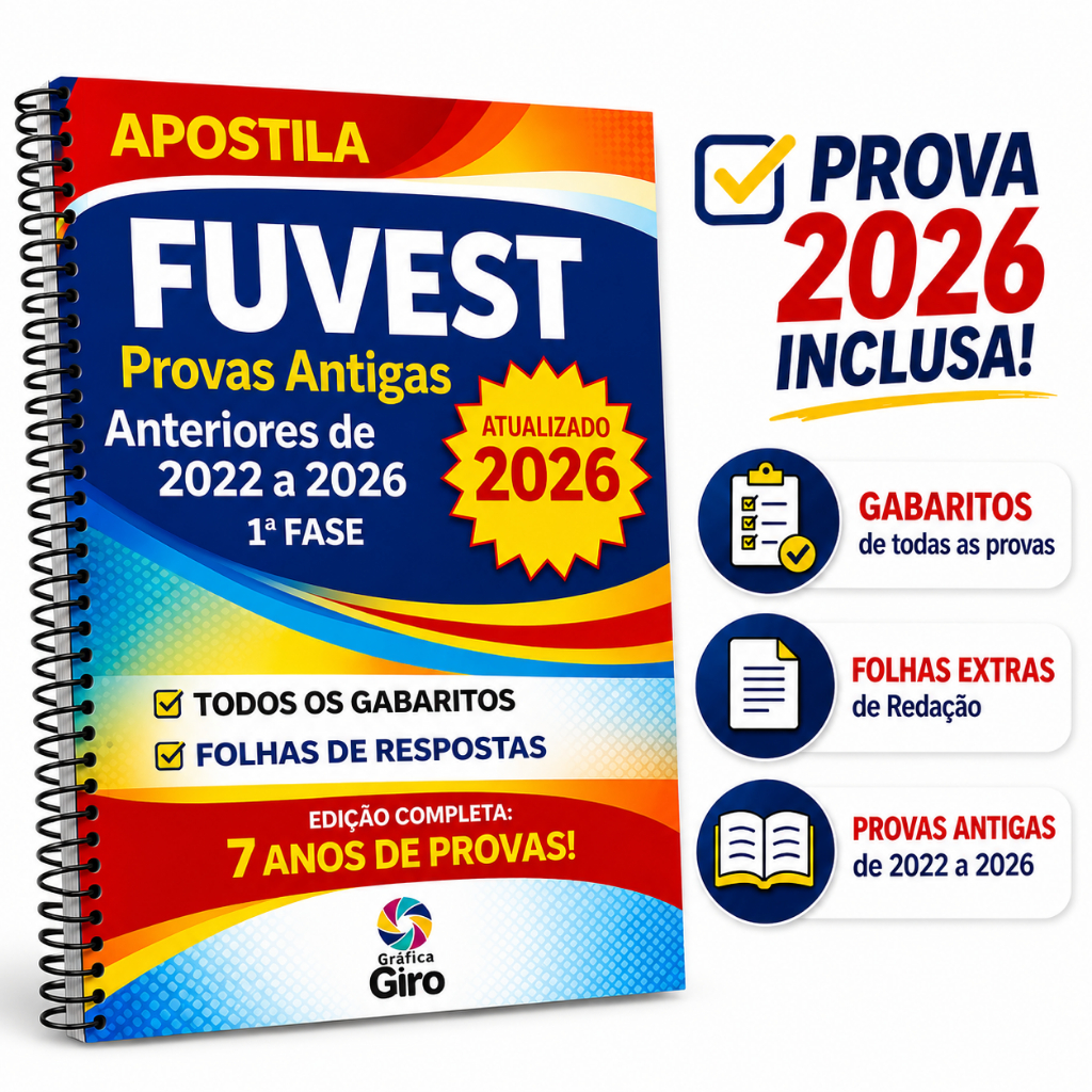 Apostila Fuvest Provas Antigas Anteriores de 2022 a 2026 1ª Fase com Gabaritos e Folhas Extras