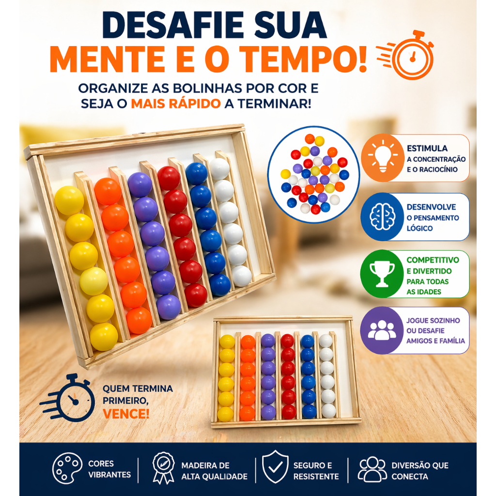 Desafio da Bolinha Jogo de Raciocínio Educativo de Madeira 36 Peças Coordenação Motora Montessori