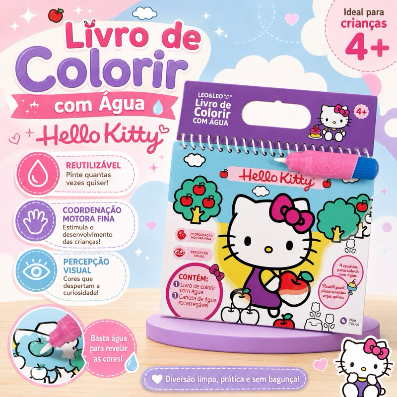 LIVRO DE COLORIR COM ÁGUA HELLO KITTY - OPPBAG C/ 1 UND 4 PÁGINAS + PINCEL - LEO&LEO