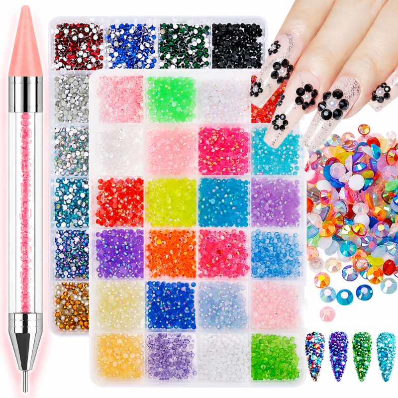 Kit Completo de Caixa 24 Potinhos Strass para Nail Art com Caneta Strass