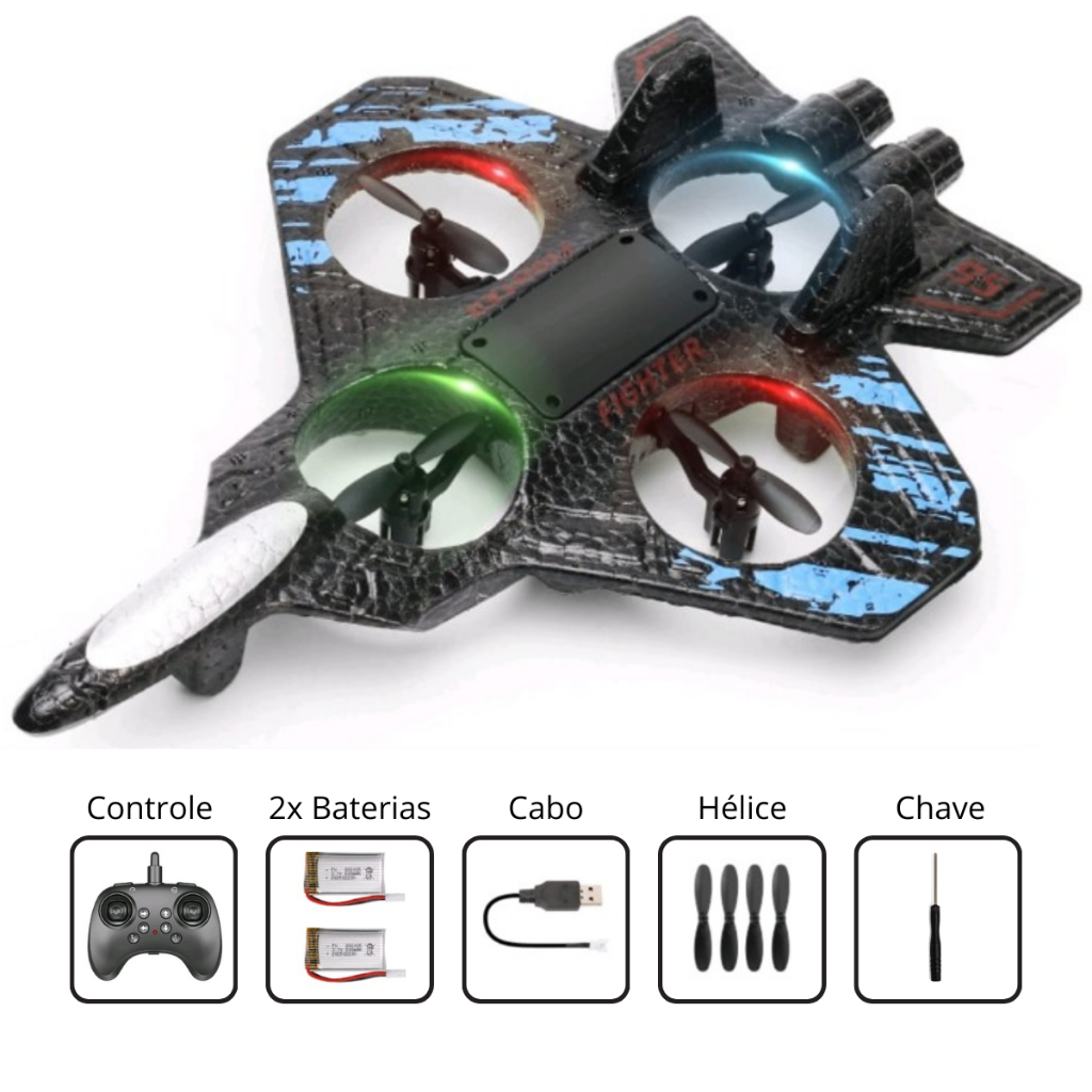 Drone Infantil Avião Brinquedo Seguro Anticolisão com Controle Remoto COM LED 2 Baterias