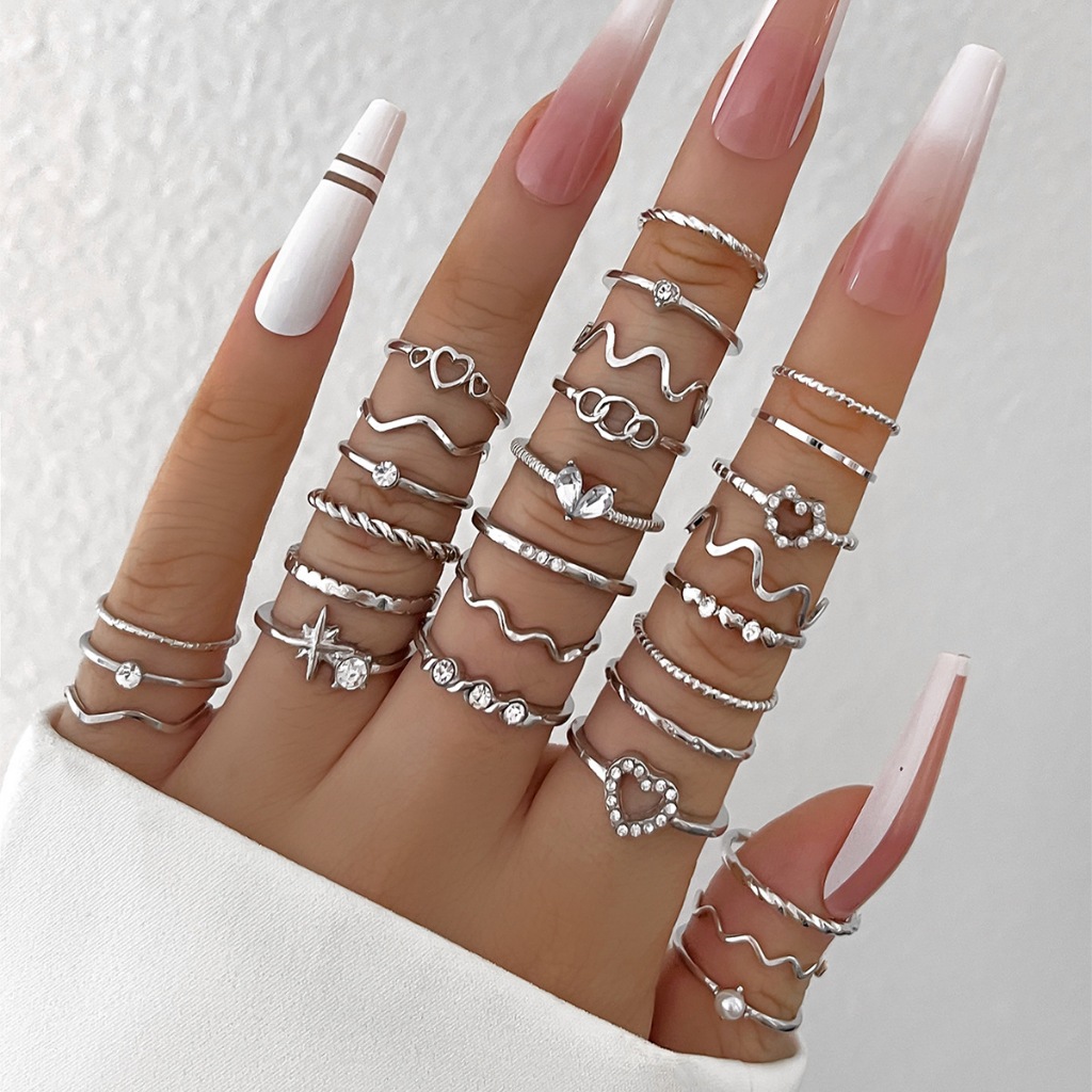 Conjunto 28 Anéis Femininos Prata Coração Pedra Minimalista Ondulado