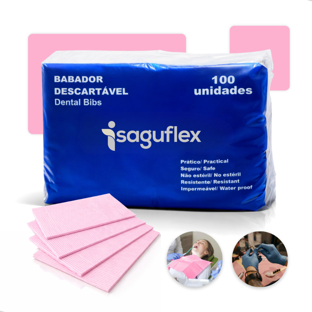 Babador Descartável Odontológico Impermeável C/100 Unidades dental bibs rosa branco