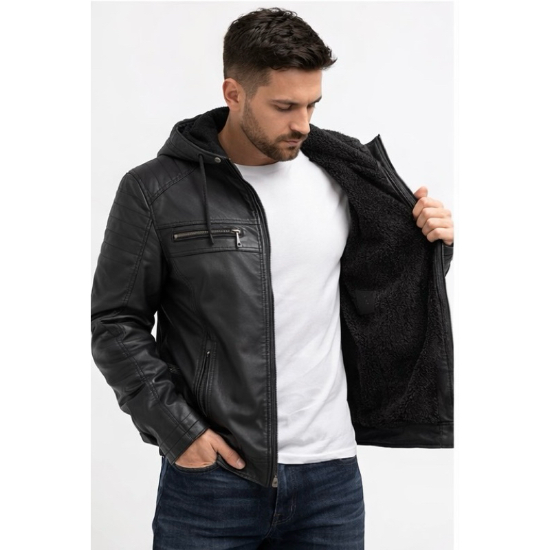 Jaqueta Masculina couro Casaco Resistente Premium Capuz Removivél