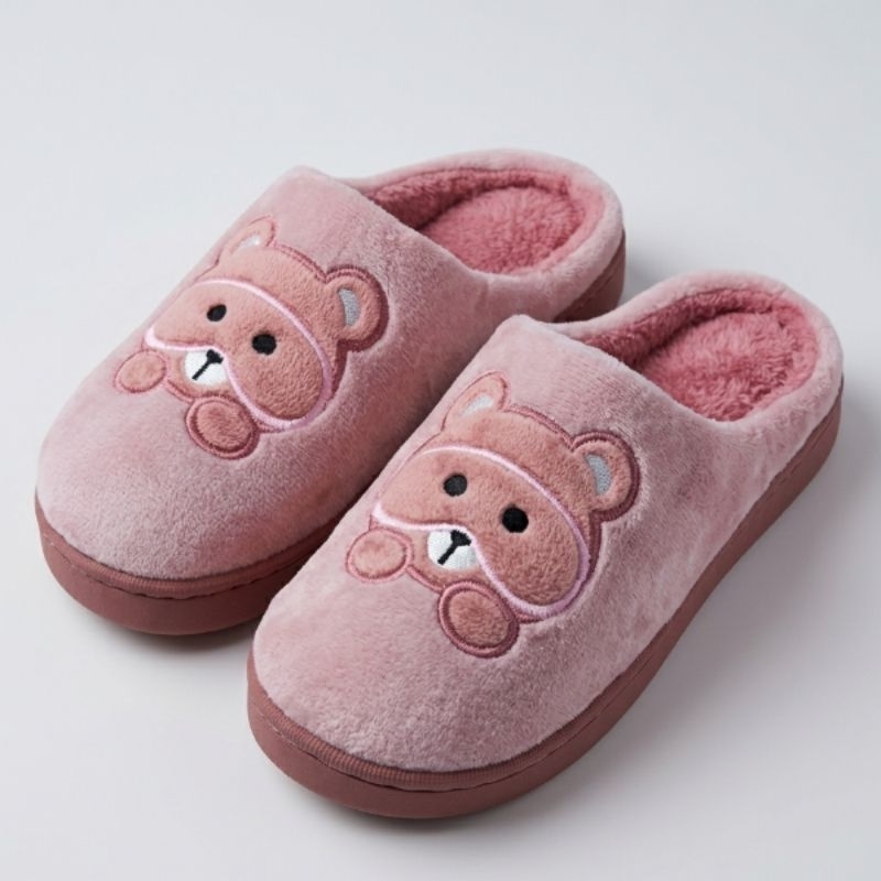 Pantufa Feminina Pelúcia Urso Chinelo de Quarto Solado Costurado Antiderrapante Inverno Quentinha