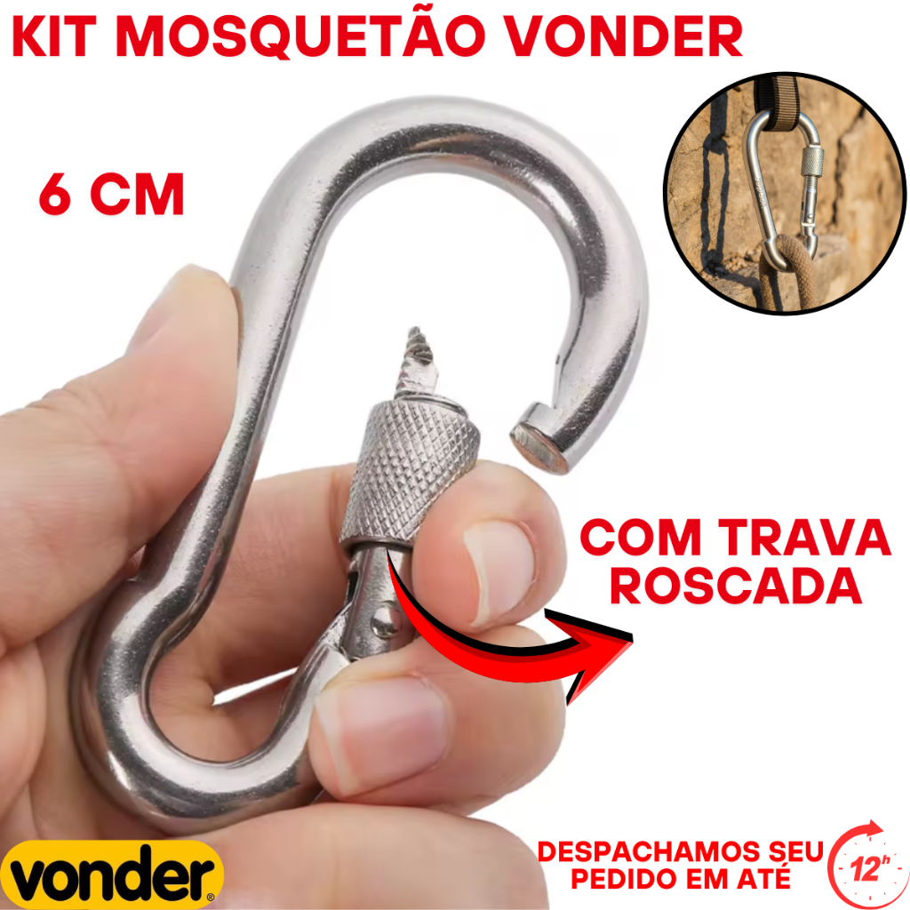 Oferta de 1 até 6 Mosquetão de 6cm-Trava ROSCADA p/ fixação de objetos/Equipamento-suporta até 120kg