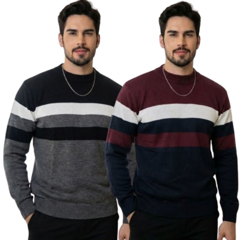 Kit 2 Blusa Masculina Manga Longa Gola Redonda Suéter Tricot Listrado Inverno Casual