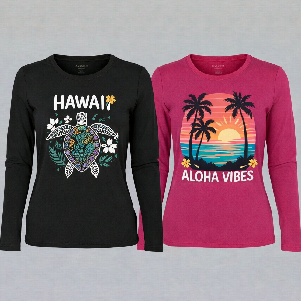 Kit 2 Camisetas Feminina Térmica Manga Longa Estampa Praia e Flor - Proteção Solar Uv 50+ Praia