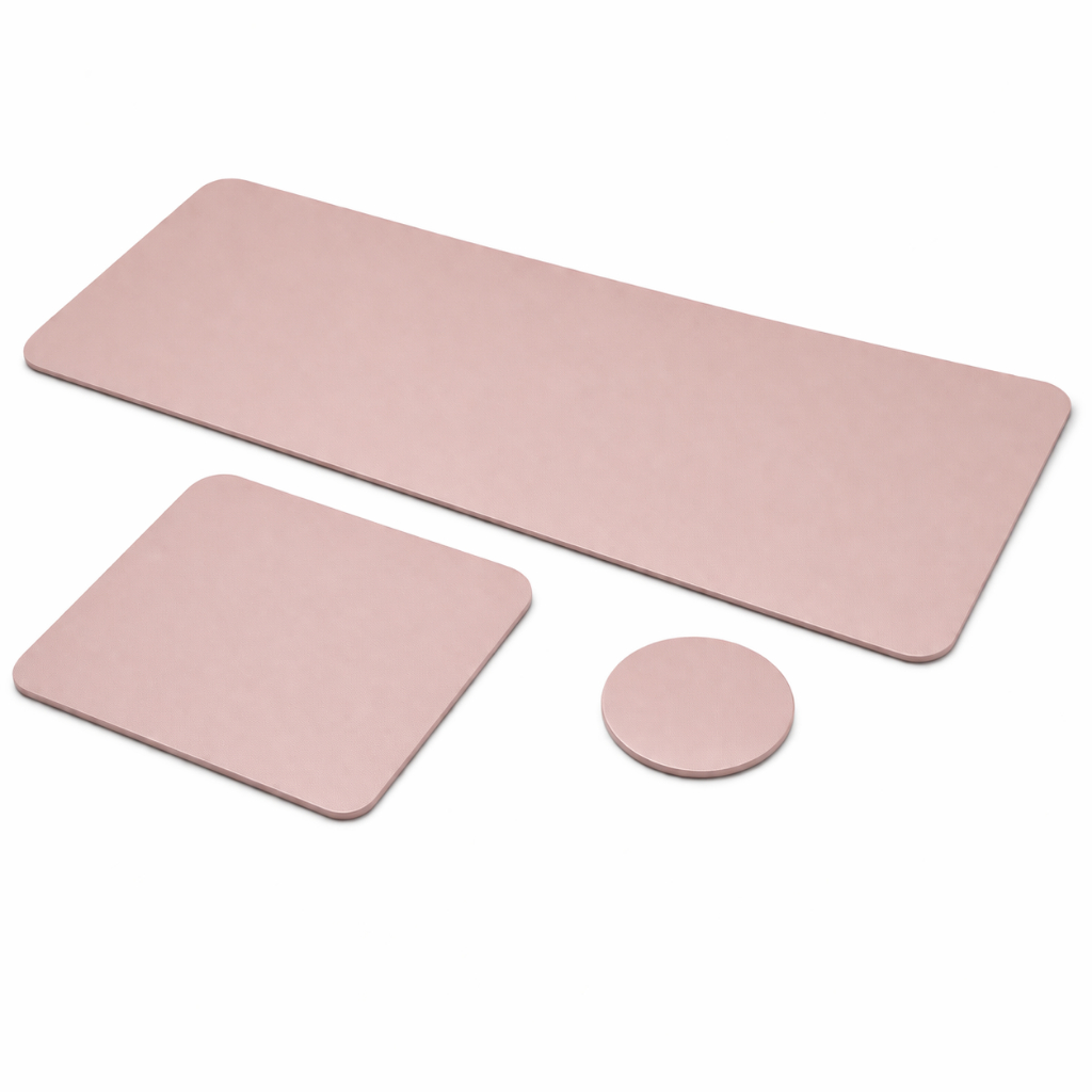KIT MousePad Grande Rosa Desk Pad Couro Gamer Office 70x30 + 20x20 + Porta copos 10cm