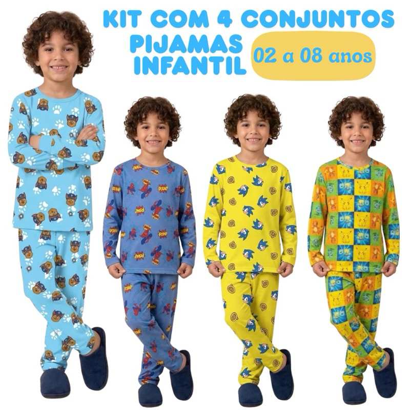 Kit 4 Conjuntos de Pijama Infantil Calça Menino Personagens Manga Longa