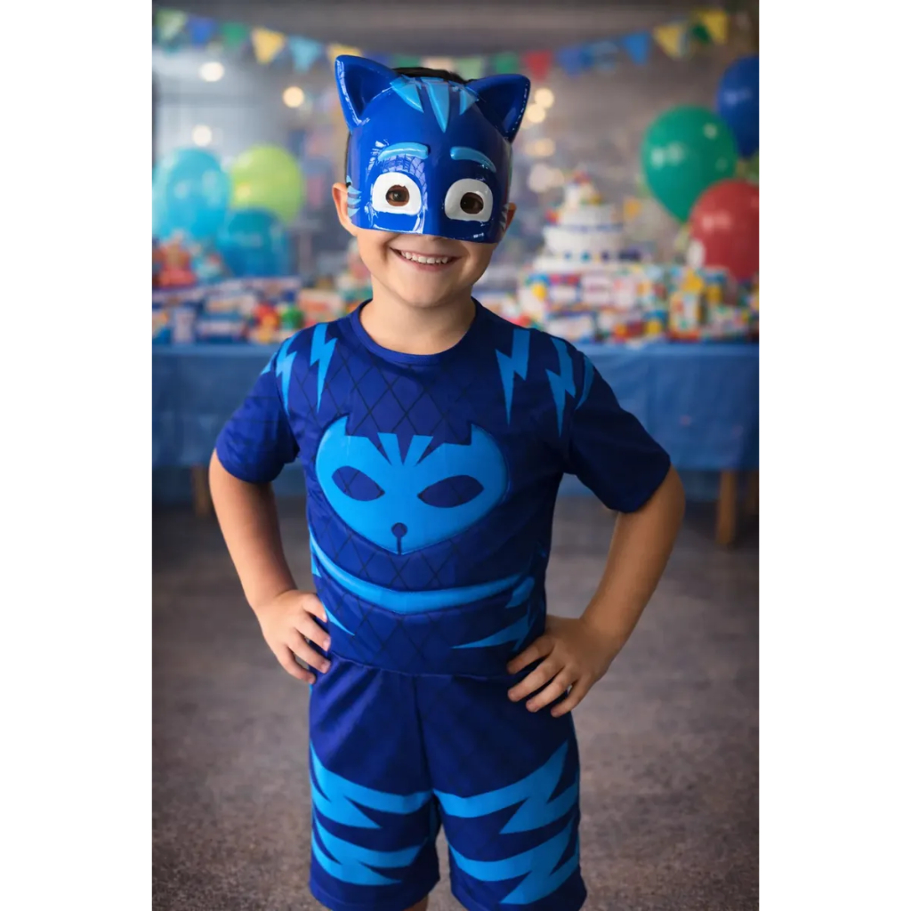 Fantasia Menino Gato Curta Pj Masks Mascara De Plastico Enchimento