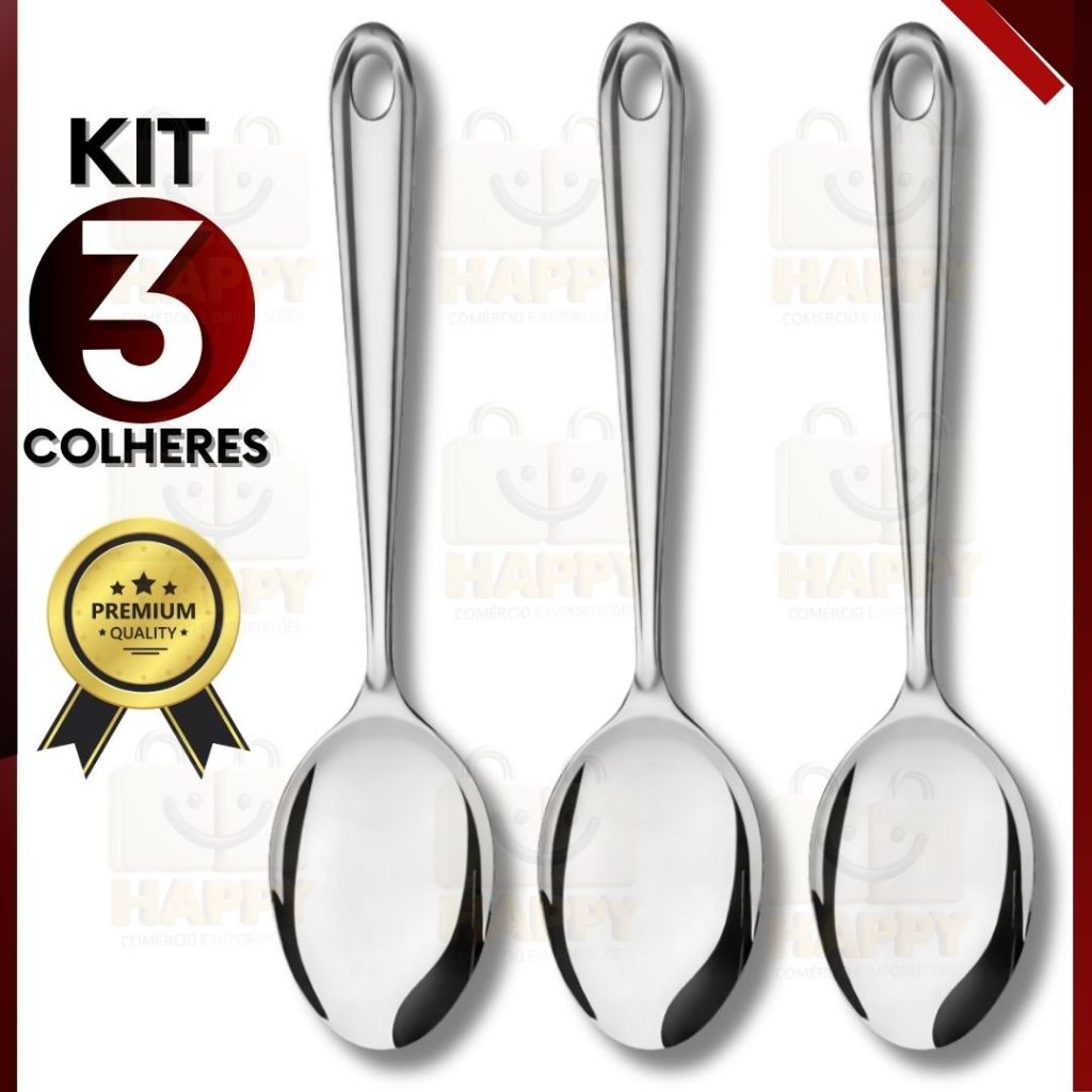 Kit 3 Colher de Arroz Inox 26cm Resistente Utensílio de Cozinha para Servir com Facilidade