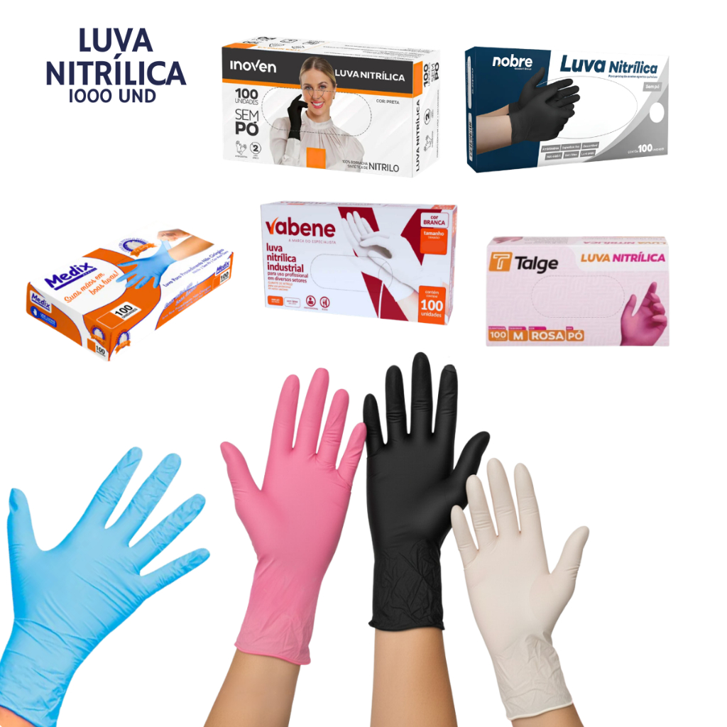 1000 Luvas Descartáveis Nitrílicas Sem Pó Kit Econômico Preta/Rosa/Branca/Azul PP-P-M-G