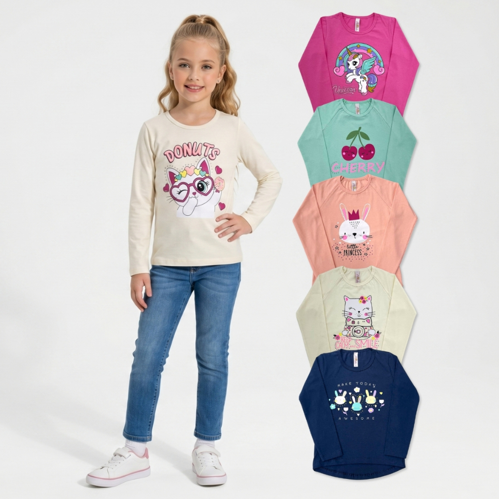 Kit 5 Blusa Manga Longa Interativo Escolar Infantil Menina Criança Com Silk Pedraria Cores Sortidas