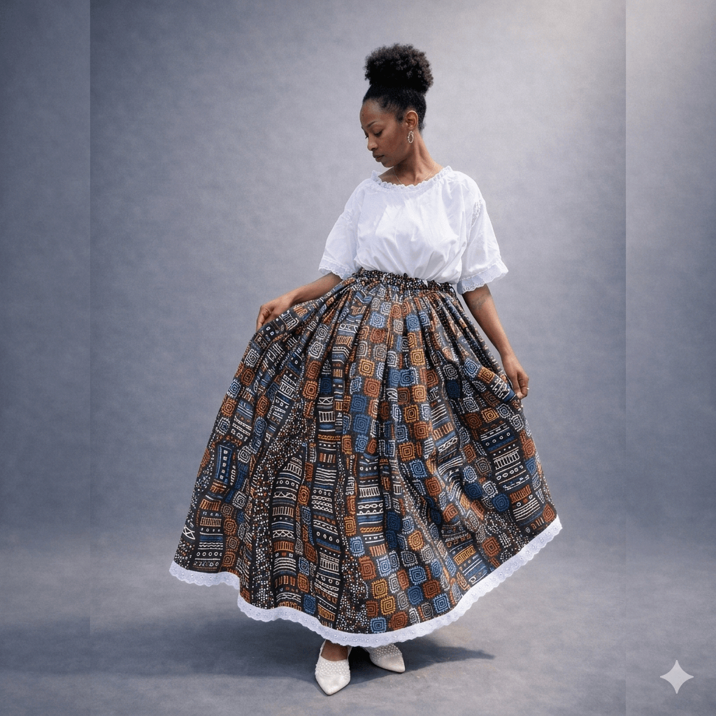 SAIA E OJA(PANO DE CABEÇA) CONJUNTO ESTAMPADO UMBANDA E CANDOMBLE AFRICANA SAIA DE RODA E PANO DE CABEÇA