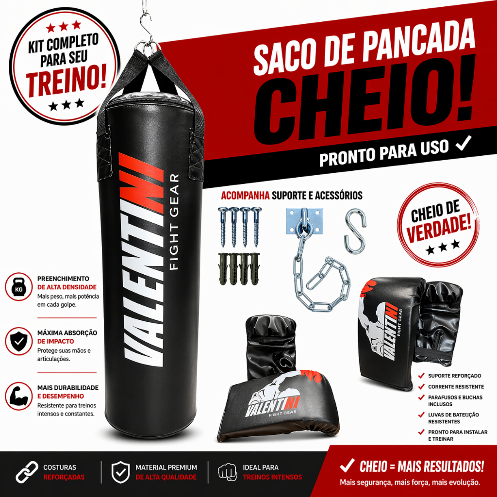 Saco de Pancada VALENTINI 90 cm CHEIO - Treino Boxe Muay Thai  + 2 PAR DE LUVA BATE SACO+ SUPORTE DE TETO