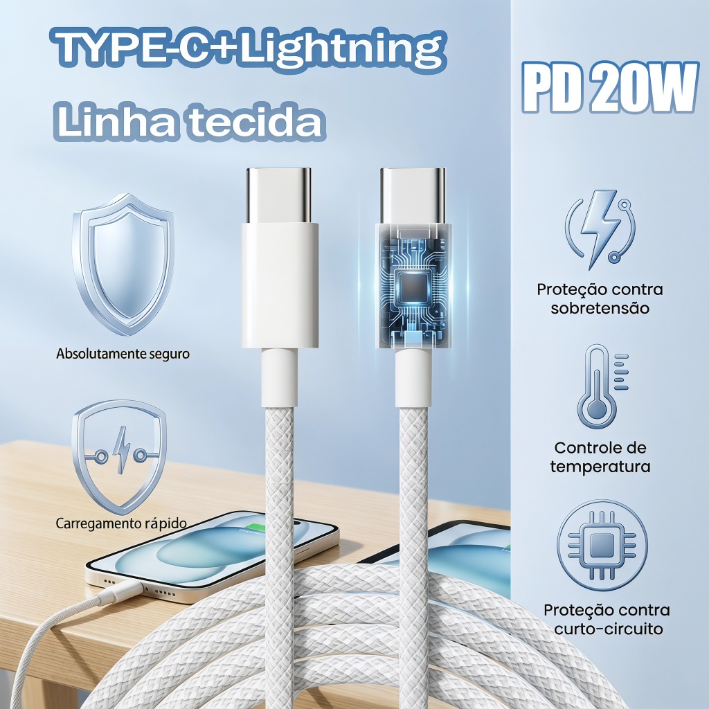 Cabo Carregador Greatatop USB C PD Trançado Tipo De Carregamento Rápido PD20W 6A