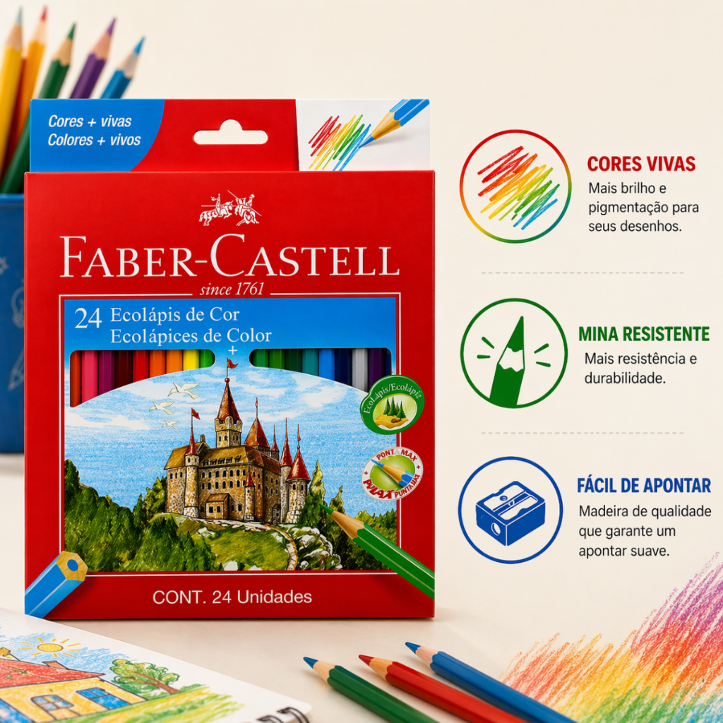 Lápis De Cor Faber Castell Escolar 24 Lapis Ecolapis Max Resistente Original