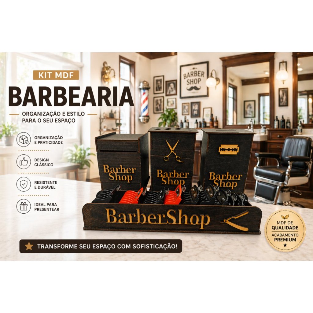 Kit Barbearia Para Bancada Profissional em MDF Preto Descarte de Lamina, Porta Tesoura, Porta Gola e Porta Pentes