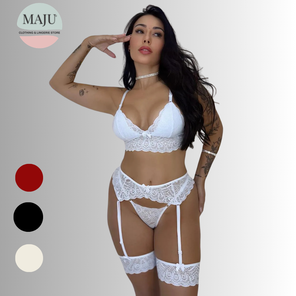 Conjunto Lingerie Trio Cinta Liga Sexy de Renda Sensual com Perneira e Sainha