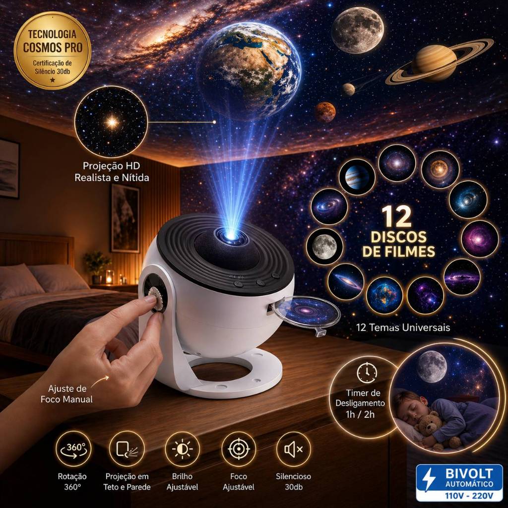 Projetor De Galáxia HD 12 Discos Estrelas Planetas Teto Giratória Foco Ajustável Timer Luz Noturna Quarto Bivolt